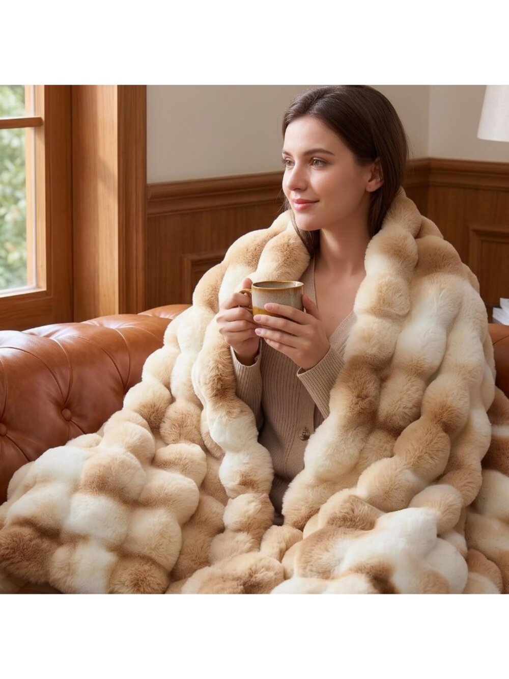BEDELITE Faux Fur Throw Bubble Blanket for Couch, 50" x 60", Tie-Dye Khaki